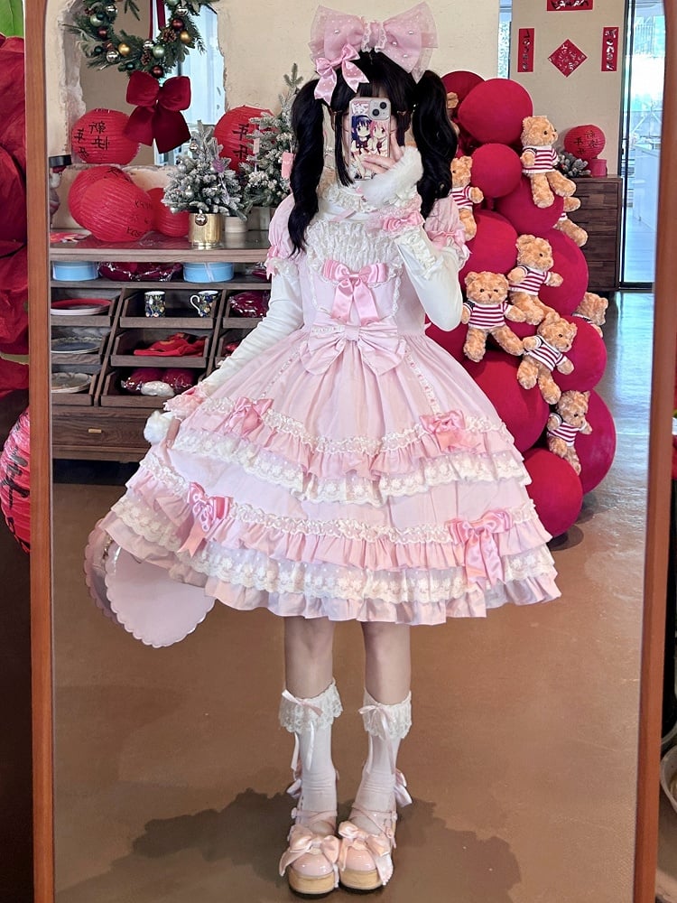 Rosa kurzes Schleifenkleid Old Lolita Accents Puff School mit Ärmeln