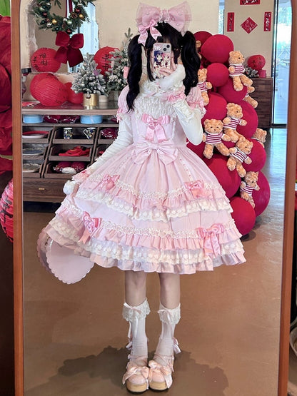 Ärmel Rosa Puff Lolita Schleife Altes Kleid Akzente mit Kurzen Schule