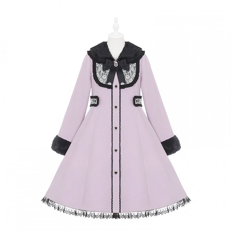Jirai Black Purple Kei Style Vintage - Waist-Defining Coat with Collar Plush