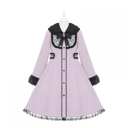 Jirai Black Purple Kei Style Vintage - Waist-Defining Coat with Collar Plush