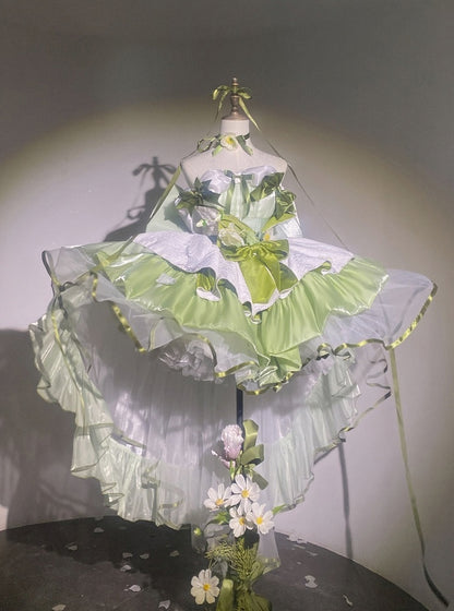 Green Balletcore Puffy Dress with Bow Accents - POSHEPOSE