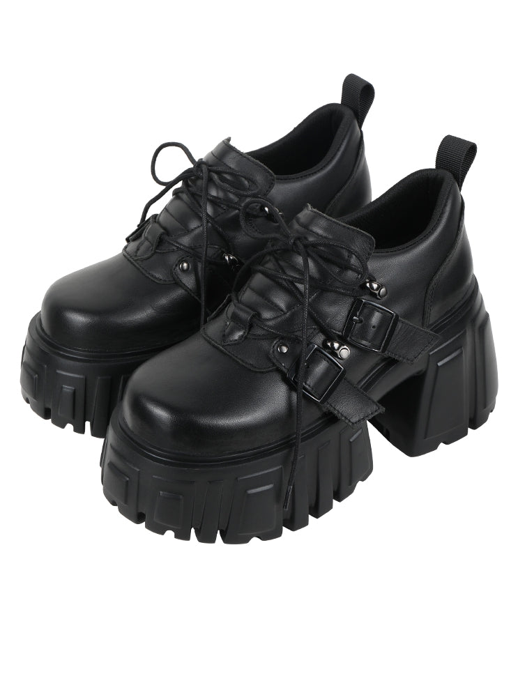 Buckle Shoes Black with Closure Lace-up Details Platform