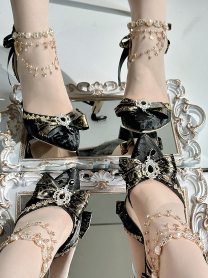 Black Lolita High Heels with Crystal Chain Decor - Miaomiao Just for You