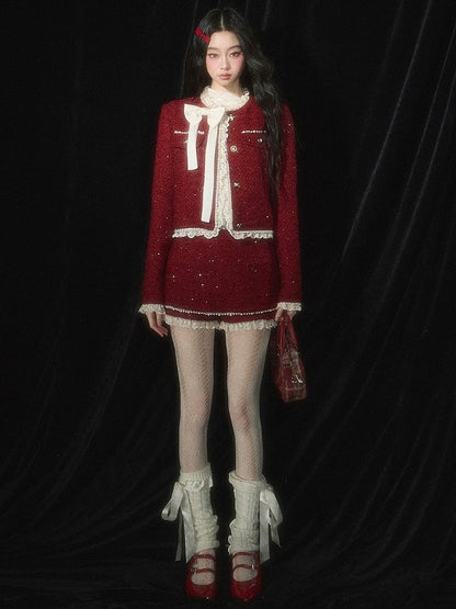 Weihnachtsrote Tweed-Kurzjacke mit Spitzenbesatz, Schleife und Perlendetails