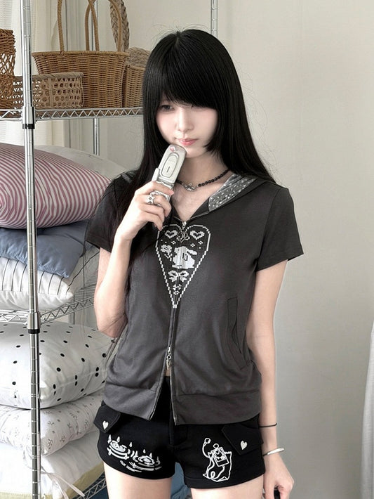 Dark Gray Bunny Ear Hoodie with Pixel Print - Kyouko Baby