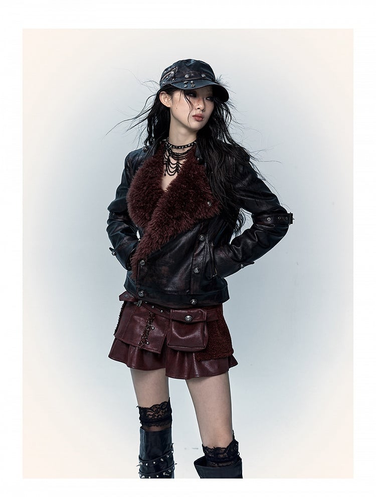 ダークレッドのハートと骨のアップリケ付きジャケット（バックル付き）