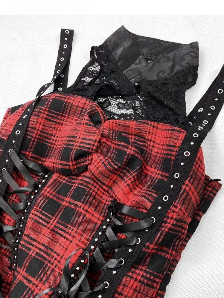 Dress Thigh-high Pattern Red Lace-up Plaid Slit Glamorous Detail Y2K