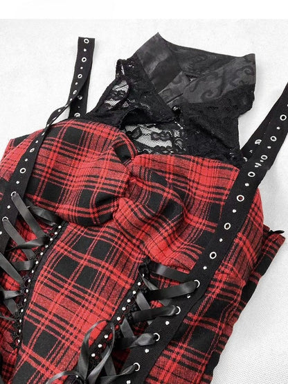 Dress Thigh-high Pattern Red Lace-up Plaid Slit Glamorous Detail Y2K