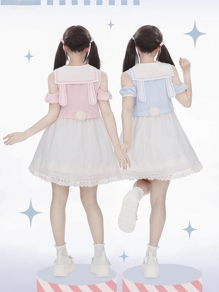 首輪 ピンク/ブルー ウサギの耳としっぽのディテール セーラーシフォンバック