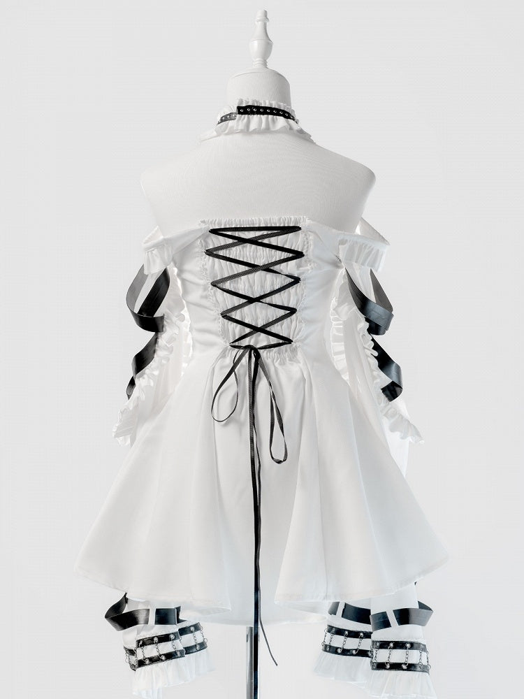 White Halter Flare Long-Sleeve Dress with Leather Straps & Shorts Set - Bunny Rush