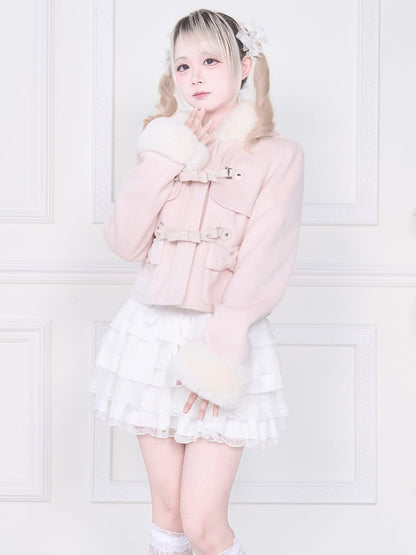Pink | Plush Trim Short Kei Pockets Jirai Bow Coat Hooded