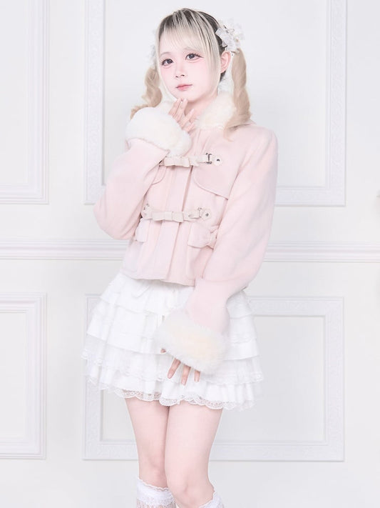 Pink | Plush Trim Short Kei Pockets Jirai Bow Coat Hooded