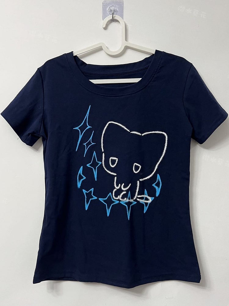 ラウンドスターブルーネックキャットTシャツダークケイジライプリントと