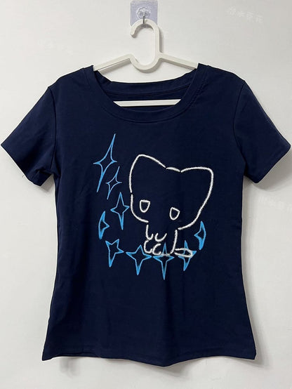 ラウンドスターブルーネックキャットTシャツダークケイジライプリントと