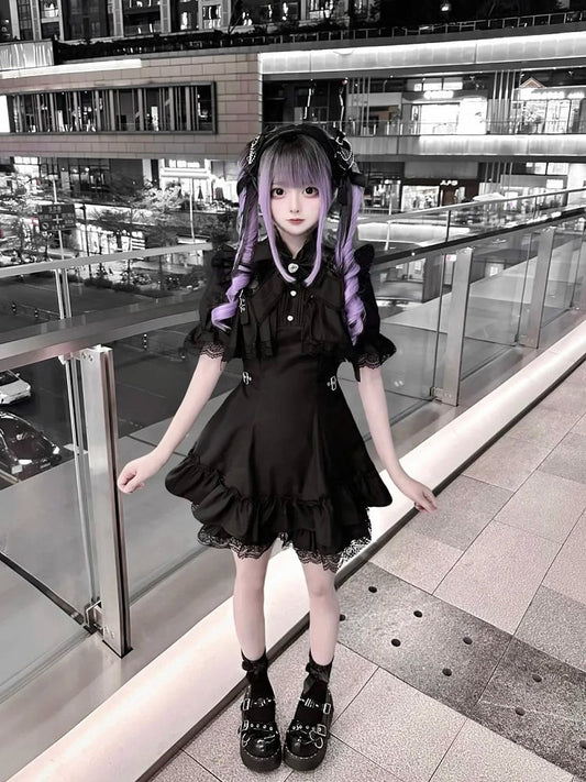 Ruffled Lace Short-Sleeve Matching Bow Black Tie Kei Dress Shorts Set + Jirai