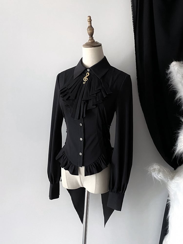 Note Black Brooch Ouji Lolita Tie Split-Tail Musical Sleeves + Long Elegant Jabot Shirt