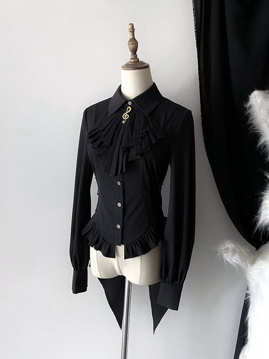 Note Black Brooch Ouji Lolita Tie Split-Tail Musical Sleeves + Long Elegant Jabot Shirt