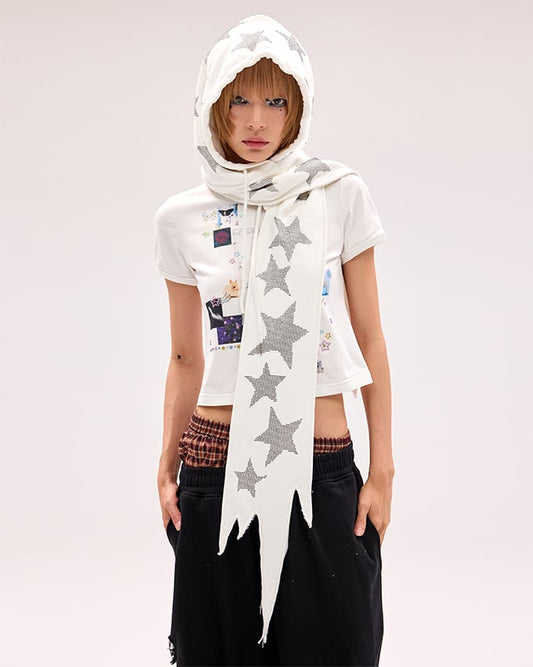 Black/White Star Rhinestones Hat and Scarf All-in-one