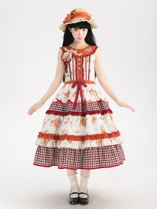 Dress Drawstring with Pomegranate Lolita Waist Cottagecore Print