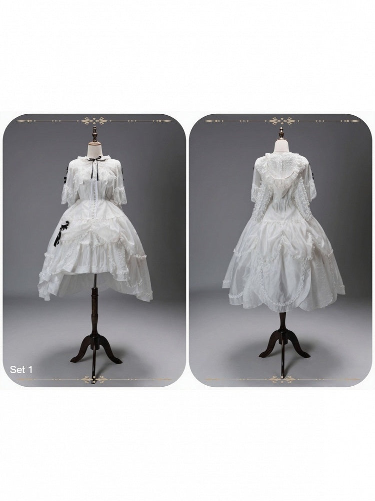 White Flutter Sleeve Petal Hem JSK with Bunny Hood & Lace Skirt Ensemble
