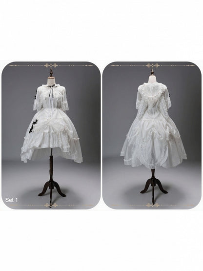 White Flutter Sleeve Petal Hem JSK with Bunny Hood & Lace Skirt Ensemble