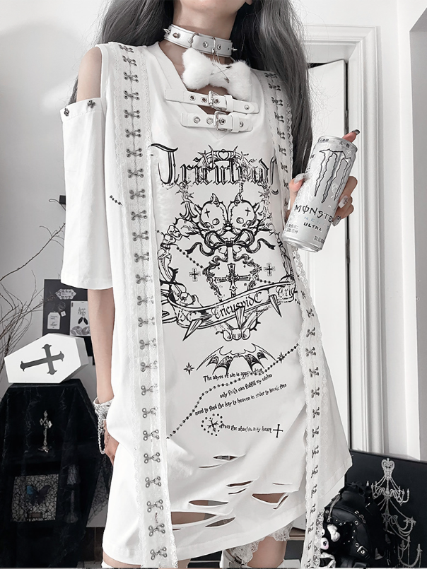 White Straps Short Trimmed Gothic Cutouts Shoulder with Sleeve Drop T-shirt Print Cross Lace Shoudler