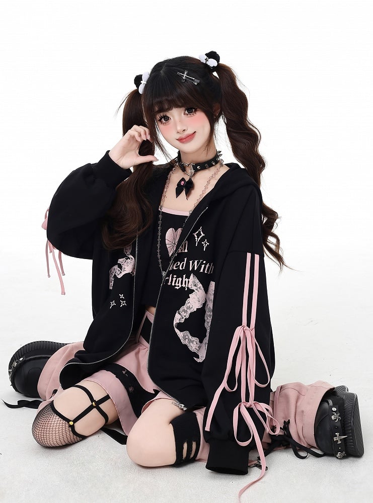 Black Lace Embellished Zip Closure Graphic Hoodie