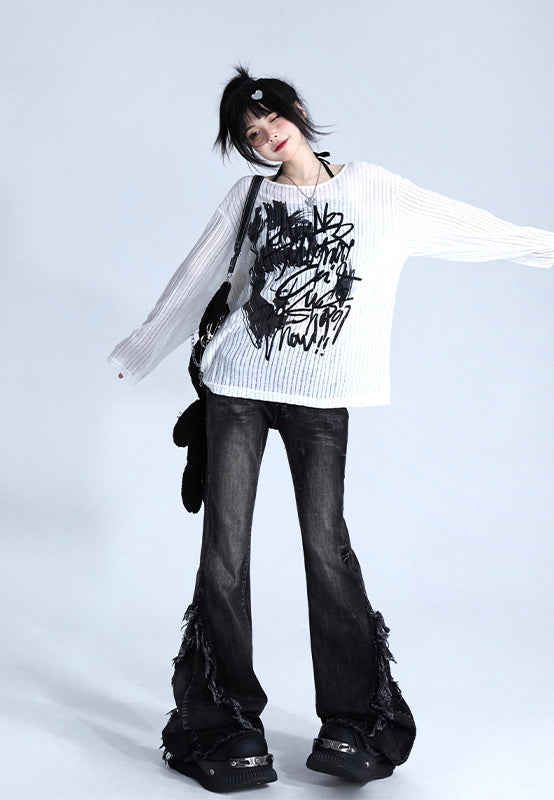 Fit Graffiti Pullover White Knit Print Loose