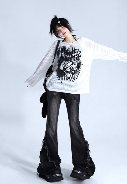 Fit Graffiti Pullover White Knit Print Loose