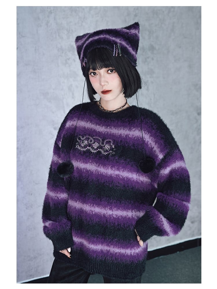 Cheongsam Sweater Gradient Mink Embroidery Faux Purple Animal with Stripes Gothic