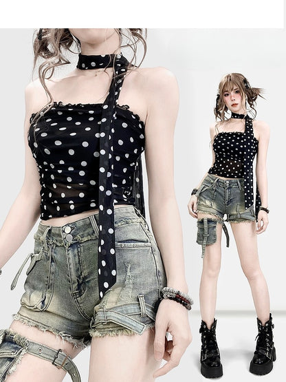 ドット柄のほろ苦いダブルブラックチューブトップフリル