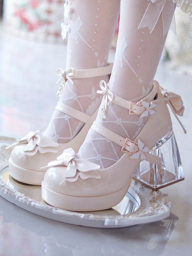 Shoes Jane Mary Heel Design Hime Beige Charm 8.5cm See-through Rhinestone with Heeled Lolita