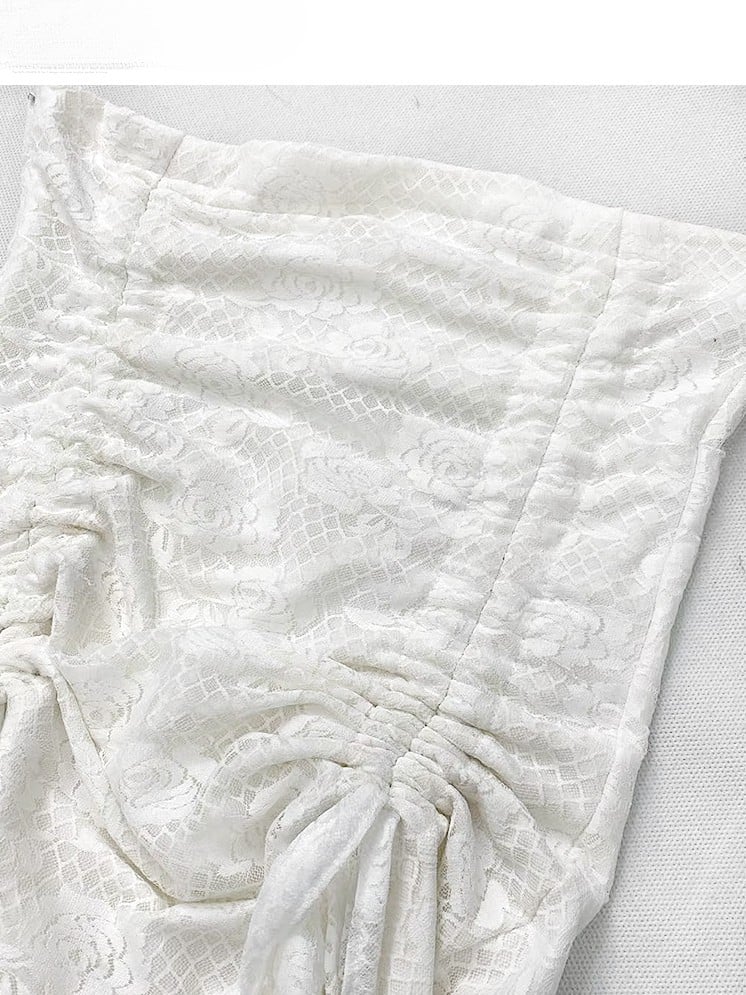 Lace Glamorous Trim Asymmetrical Top Strapless Hem Ruched Design White