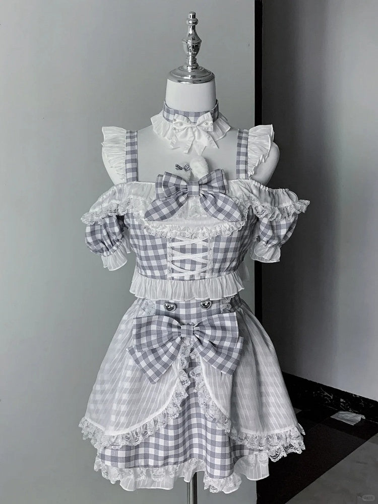 Plaid Idol Design Neckline Bowknot+ Set- Off-the-shoulder Choker High Waist Top Jirai Kei Gray + Bunny Skirt+ Ears