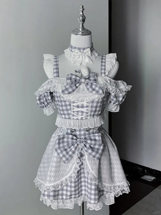Plaid Idol Design Neckline Bowknot+ Set- Off-the-shoulder Choker High Waist Top Jirai Kei Gray + Bunny Skirt+ Ears