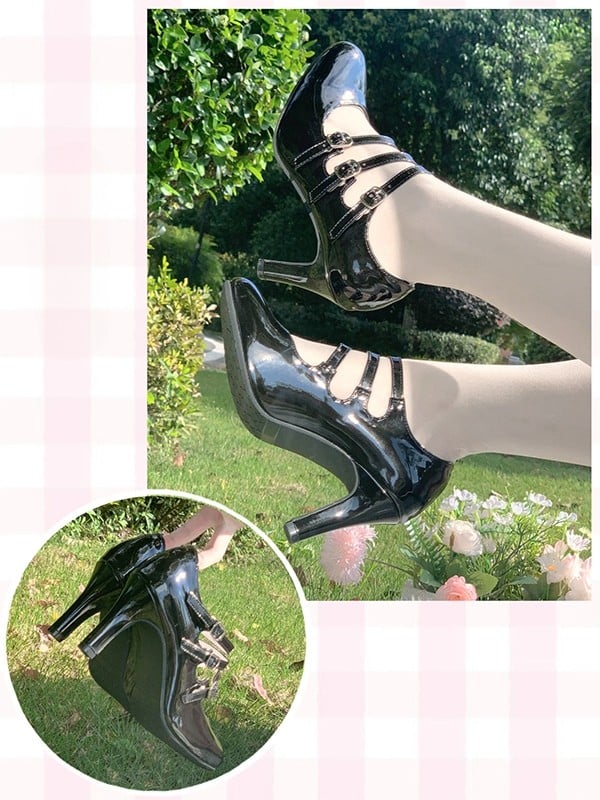 Heels Polished Lolita Black Triple Accent Classic PU High Leather Buckle in