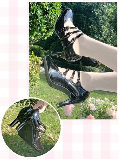 Heels Polished Lolita Black Triple Accent Classic PU High Leather Buckle in