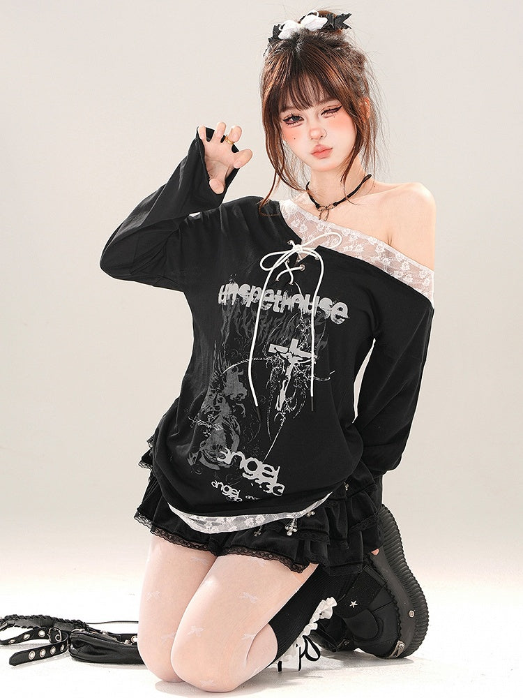 Black Asymmetrical Neckline Lace-up Detail Graphic Top