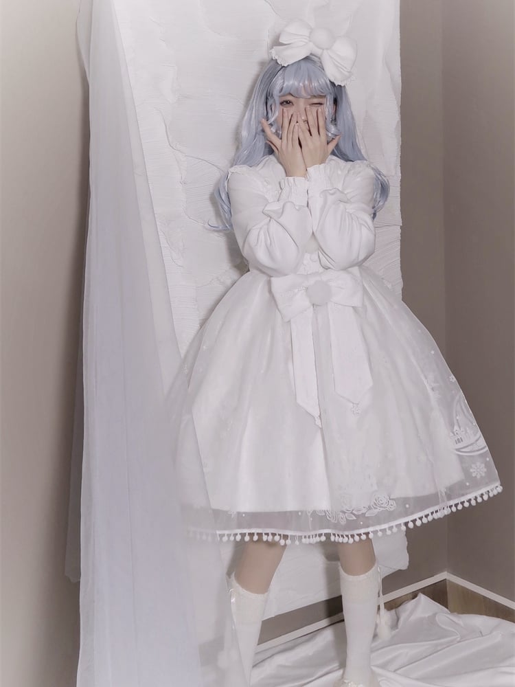 - + White Pattern Snowflake Skirt Full Sweet Set Cape Bow Jumper Big