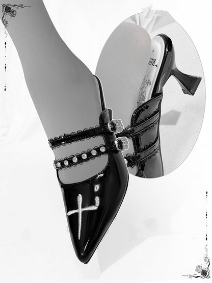 Stiletto Toe Heel Embroidery Pointed Cross Black Polished Sandals Gothic with 6cm