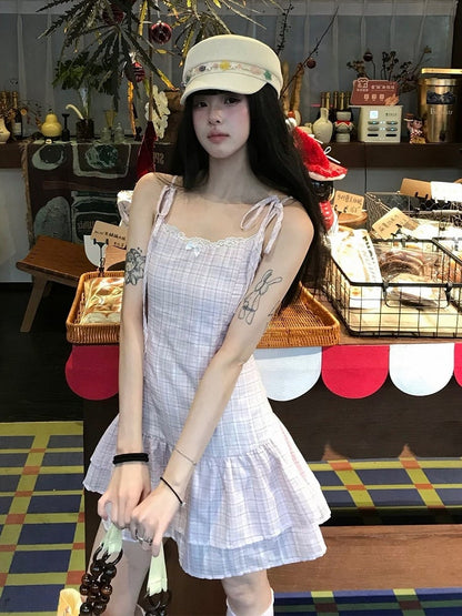 Summer Pink Plaid Cami Dress with Ruffle Details - 11shop97