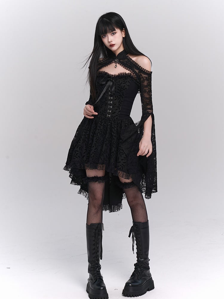 Black Gothic Off-the-shoulder Ruffled Lace High-low Neckline Dress