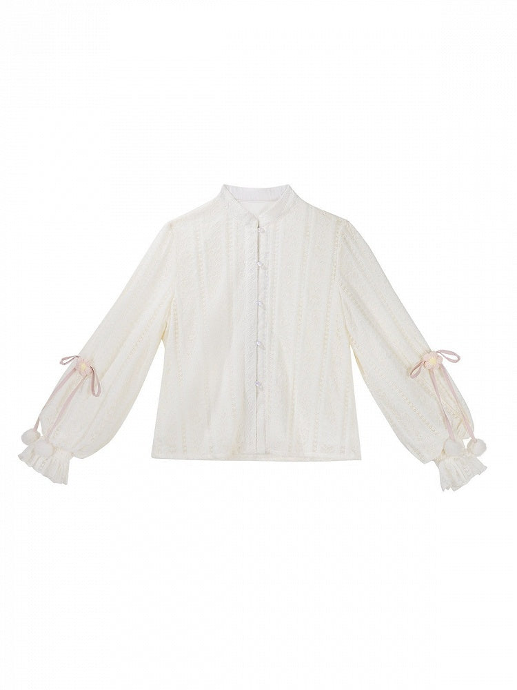Bow-Adorned White Han-Element Lace-Patterned Top - Han Ru Chu Hanfu &amp; Han-Element Studi