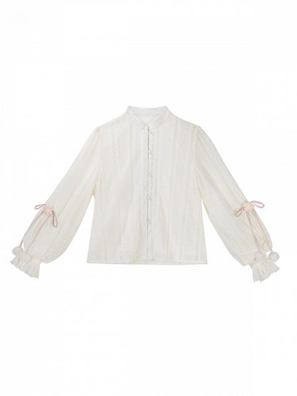 Bow-Adorned White Han-Element Lace-Patterned Top - Han Ru Chu Hanfu &amp; Han-Element Studi