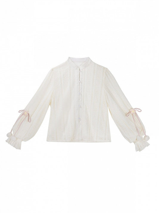 Bow-Adorned White Han-Element Lace-Patterned Top - Han Ru Chu Hanfu &amp; Han-Element Studi