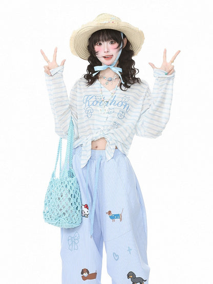 Blue Striped V-Neck Long-Sleeve Top with Animal Print - Languid Park