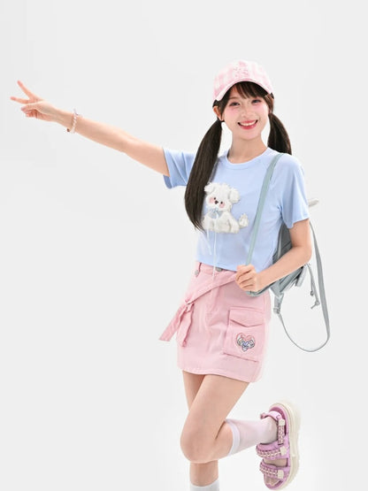 かわいいブルー/ピンクのぬいぐるみの子犬のアップリケTシャツ 夢