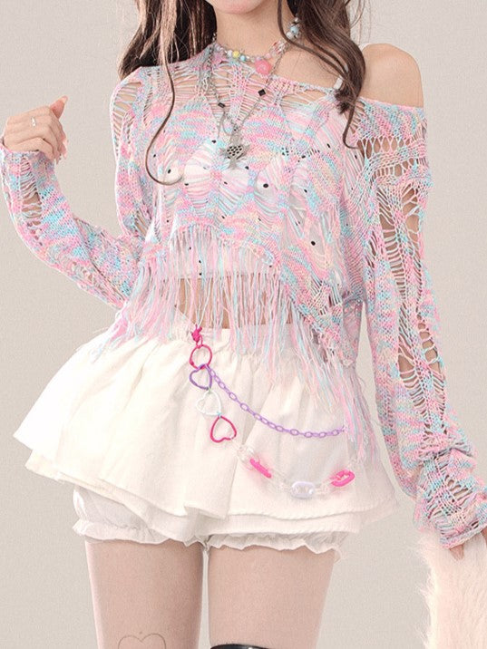 Colerful Hollow-Out Knit Top with Distress Trim One-Shoulder