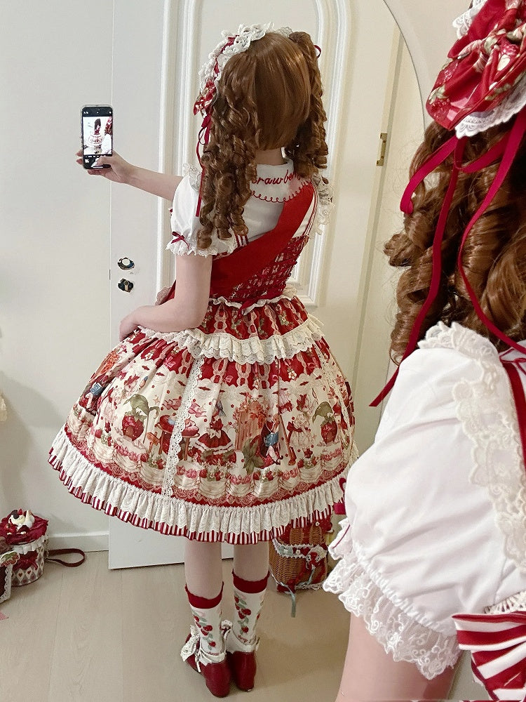 赤とイチゴのプリントドレススカートスイートロリータジャンパーバニー
