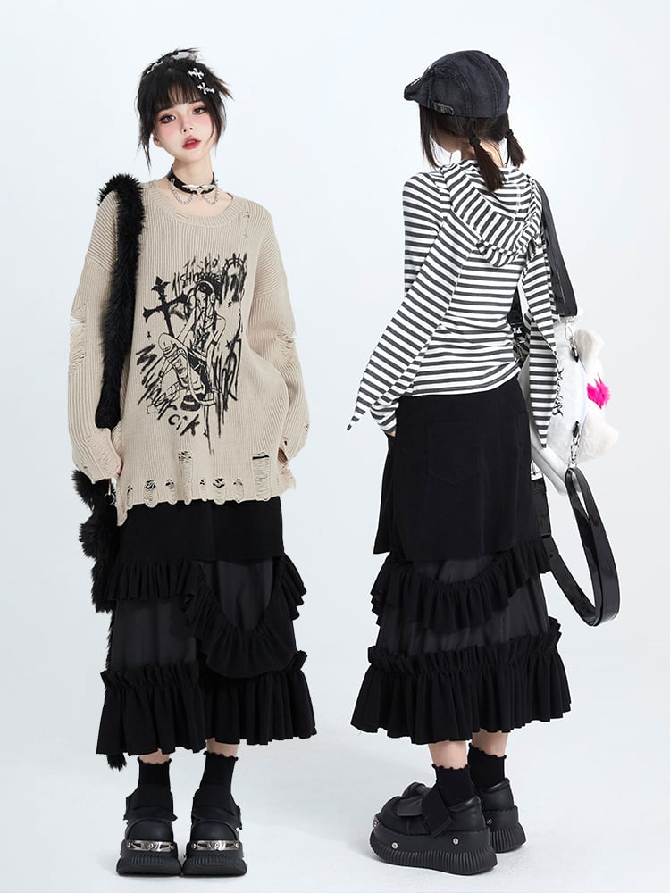 Corduroy Black Ruffle Elegant Hem with Deconstructed A-Line Skirt